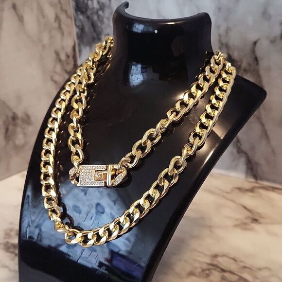 2 Pcs Statement Chunky Chain Necklace Set Inlaid with Shiny Rhinestones - Picture 5 of 11